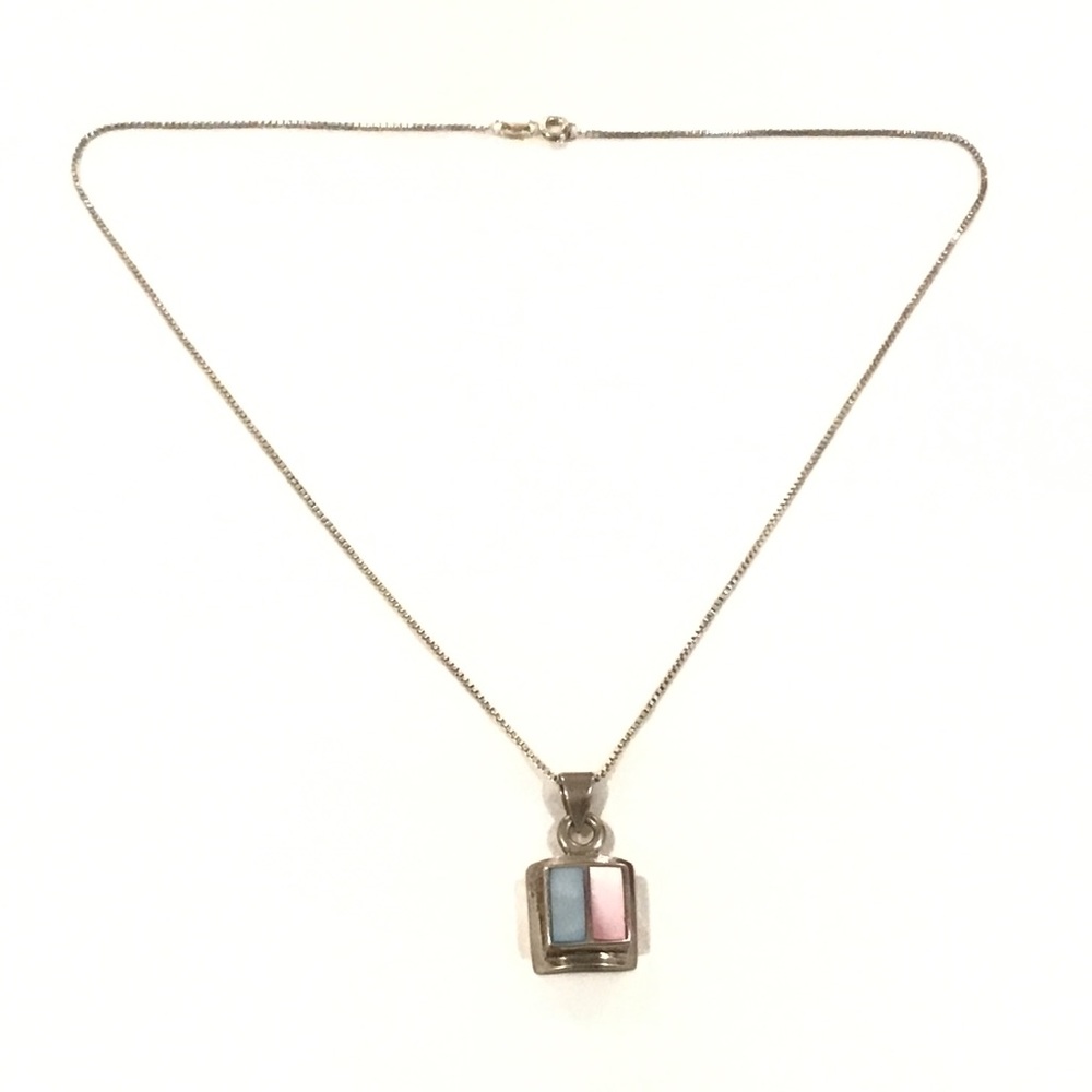 Sterling Silver Pink & Blue Mother of Pearl Pendant & Chain Necklace 18" Long